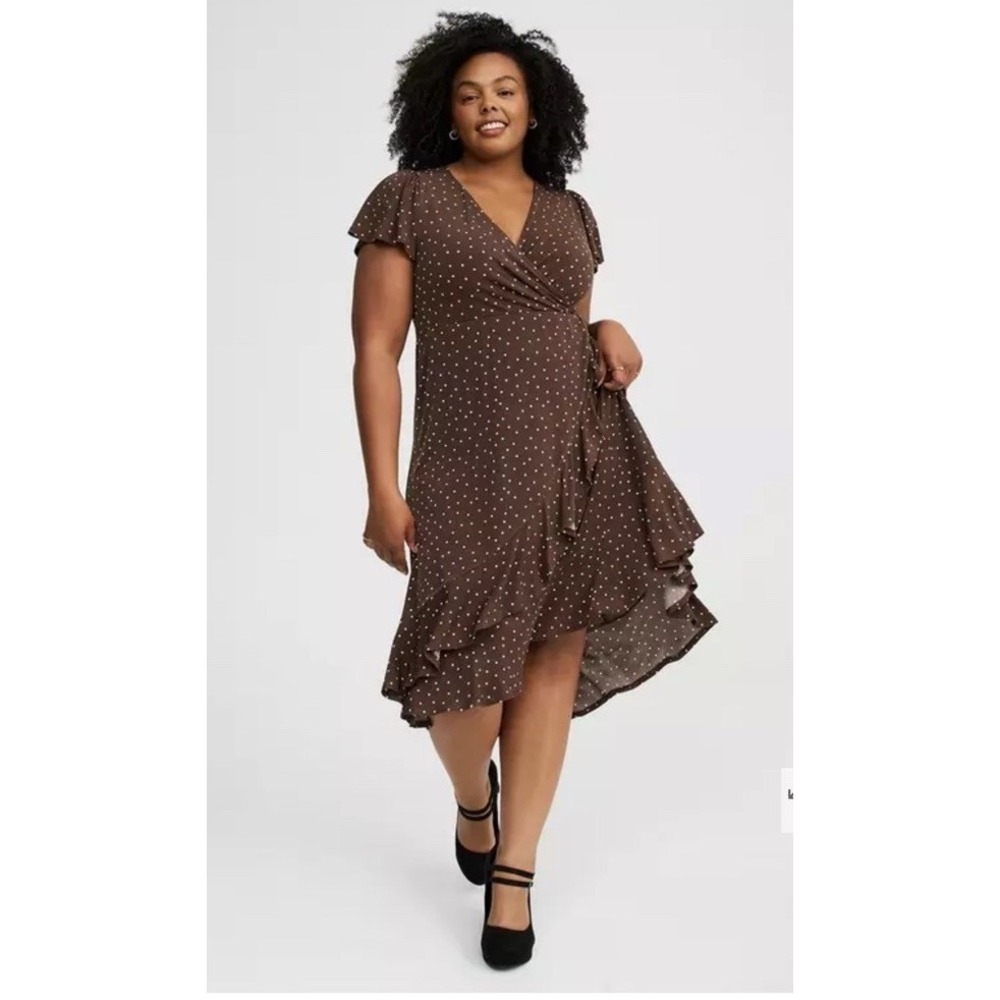 Torrid Brown Polka Dot Surplice Midi Dress – Size 2 2x Faux Wrap Flutter Sleeve